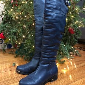 Navy Blue Leather Knee High Winter Shoes, Sz 8